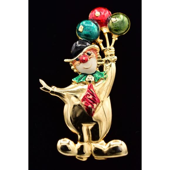 Vintage Happy Clown Pin Brooch Multi-Color Enamel Balloons Gold Tone 1980s BinBP - Picture 1 of 12